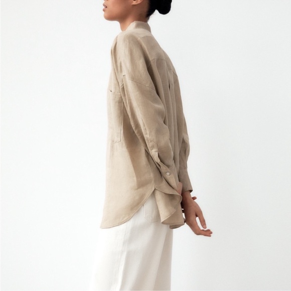 Zara Linen Button-Down Shirt with Pocket in Beige/Tan - Picture 6 of 9